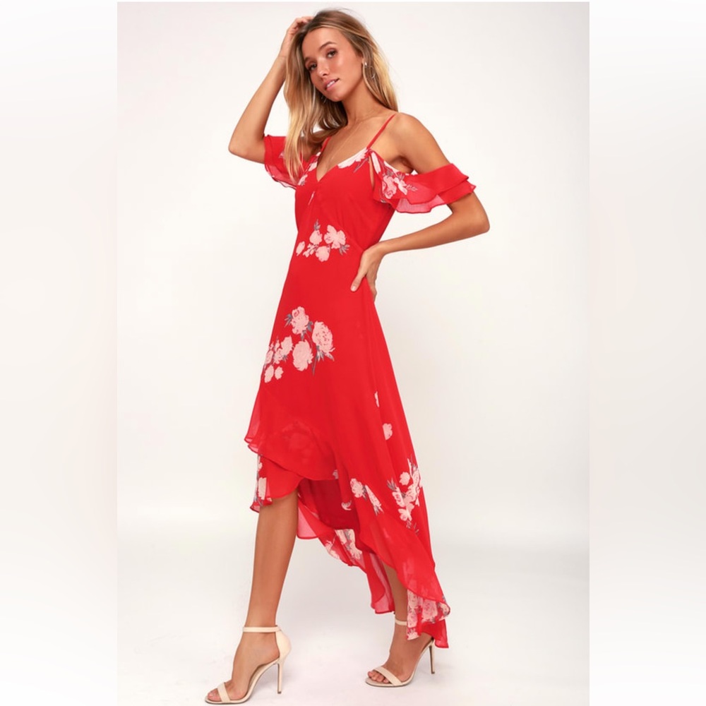 Lulus Love In Bloom Red Floral Print Off-The-Shoulder High-Low Dress size S